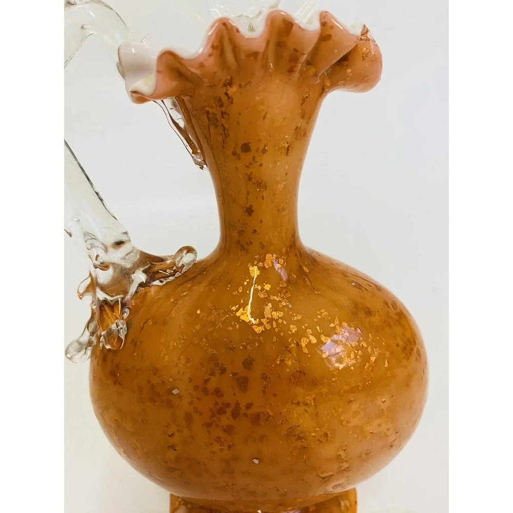 Vintage Orange Gold Aventurine Art Glass Decanter Murano‎ Style Ruffled Cruet